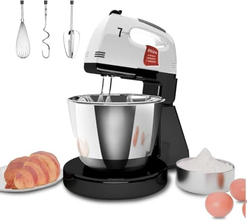 Stand Mixers, 7 Speeds With 3QT Stainless Steel Bowl, Stand and Hand Mixer with Dough Hook, Whisk, Mixing Beater for Baking, Cake, Cookie, Kneading (BA1)