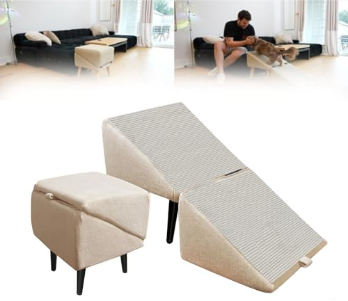 DFANCE Geteilte Ottoman Faltbare Hunderampe, 2-in-1-Sofa-Hunderampe Und Ottomane für Couchbetttreppe,All-in-One-Leichte Faltbare Haustierrampe für Große Kleine Hunde Katzen(Color:Khaki)