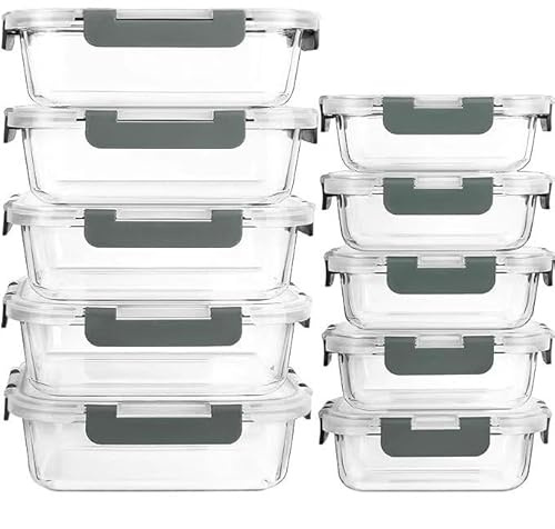 Glass Food Storage Containers with Airtight Lids – 10-Piece Set (5x1040ml & 5x370ml) – BPA-Free Stackable Meal Prep Containers – Oven, Microwave, Freezer & Dishwasher Safe Kitchen Storage Boxes