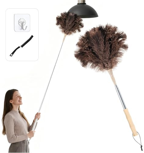 AURIVEE Plumero de Plumas de Avestruz, telescópico extensible hasta 115 cm para techos y superficies delicadas, eliminación polvo sin arañazos, lavable, mango bambú caqui con gancho y cepillo rendijas