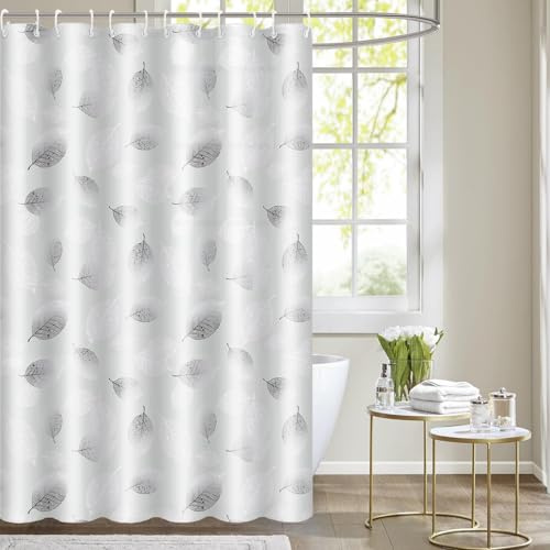 BANLMEYD Shower Curtain, Premium PEVA Mould Resistant Waterproof Shower Curtain with Rustproof Grommets and 12 Hooks for Wet Rooms, Shower, Bath(Black and White Leaf, 180x180cm)