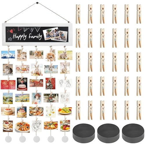 VEGOATY Marco de fotos Collage de pared de fotos: pared de fotos de madera blanca con 30 pinzas de madera pequeña, cortina de fotos decorativa, cuerda de fotos con pinzas de madera, marco de fotos