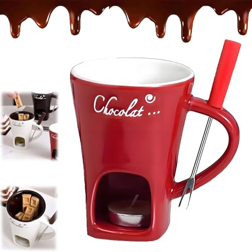 Explcior Meltie Cup, Meltiecup, Chocolate Fondue Mug Set with Fork, Ceramic Mini Sweet Chocolate Melting Cup Set for Cheese, Great for Camping/Date/Movie Night/Birthday/Wedding Gifts(Red)