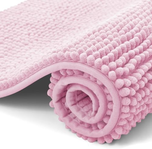 OLANLY Chenille badrumsmatta halkfri badrumsmatta mjuk badmatta absorberande badrumsmatta tvättbar duschmatta för badrum, 40 x 60 cm, rosa