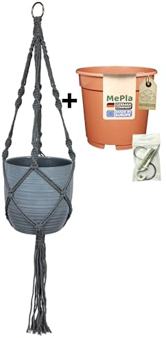 MePla – set – trafikljus makramé grå + SK Soendgen keramisk ytterkruka Bergamo ø19 ljusgrå + odlingskruka ø18, högkvalitativ levande atmosfär