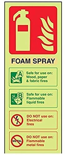 V Safety 11003AC-G Glow In The Dark Foam Spray Id Not Electrical Safe Fire Extinguisher Sign - 75mm x 200mm - Rigid Plastic, Beige/Black/Green/Red
