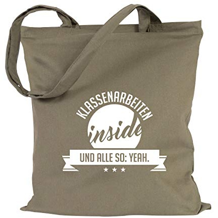 JUNIWORDS Jutebeutel - Wähle eine Farbe - Klassenarbeiten inside und alle so: YEAH (Beutel: Khaki, Text: Weiß)