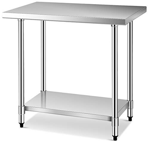 COSTWAY Edelstahl Küchentisch mit höhenverstellbarem Ablage, Arbeitstisch Gastro Tisch Edelstahltisch Zubereitungstisch mit Zwischenbord (92x61x90cm)