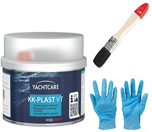 KK-PLAST VT ist eine styrolfreie zweikomponentige Polyester-Spachtelmasse, Harz mit Härter, Pinsel von E-com24 zum Auftragen (500 g)