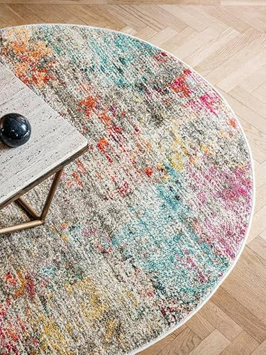 RugVista Monet Teppich, Ø 200 cm, Mehrfarbig | Moderne, Rund, Niedriger Stapel, Nur chemische Reinigung, Oeko-Tex 100, Wohnzimmer, Esszimmer, Schlafzimmer, Küche