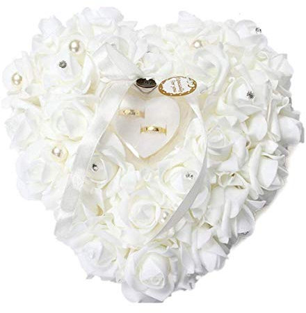 Wakects Coussin de Mariage Romantique en Forme de cœur avec Roses pour alliances en Satin, Accessoires de Mariage 24 x 25 cm