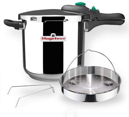 Magefesa DYNAMIC - Olla Express Rápida de 7.5L + Cestillo, Acero Inoxidable 18/10, Eficiencia Energética, Todo tipo de cocinas, Inducción