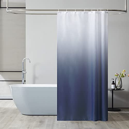 Furlinic Duschdraperi textil antimögel vattentät tvättbar duschdraperi av polyester tyg vit till mörkblå 120 x 200 cm med 8 duschdraperiringar.