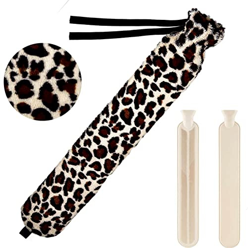 BcofoA Extra Lange Wärm-und Kaltwasserflasche mit Deckel,2L Soft für Kinder,Schlauch-Wärmflasche für Nacken und Schulter,73 x 13 cm BS1970:2012 Zertifiziert, (Color : Leopard Print)