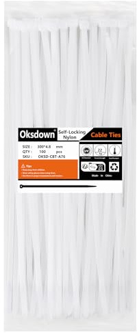Oksdown 100 Pack White Thick Cable Ties Heavy Duty Large 300mm×4.8mm Strong Nylon Plastic Self Locking 12 inch/30 cm Clear Extra Long Zip Tie Wraps