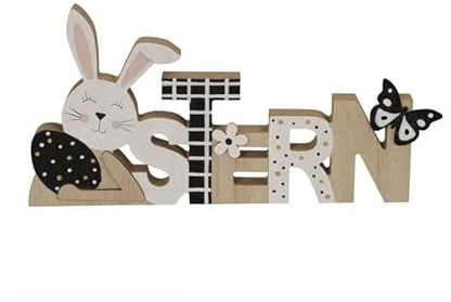 RiloStore Aufsteller Holz Ostern Schriftzug Holzhase und Schmetterling Punkte Osterdeko 30x14cm schwarz Weiss braun n714pos