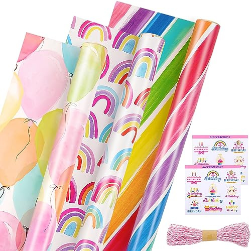 Geschenkpapier Geburtstag Rolle, 3 Rollen 43x 300cm Bunt Rosa Geschenkpapierrolle Kinder Mädchen, Regenbogen Geschenkpapier mit Seil Aufklebern, Geschenkverpackung Papier für Geburtstag