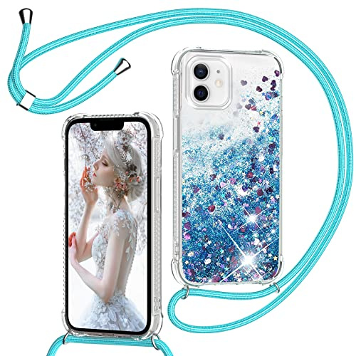 Handyband für iPhone 12/iPhone 12 Pro 6,1'' Hülle mit Band, Glitzer Treibsand Handyhülle mit Kordel zum Umhängen Transparent Stoßfest Schutzhülle mit Kette Schnur, Quicksand Necklace Case in Blau