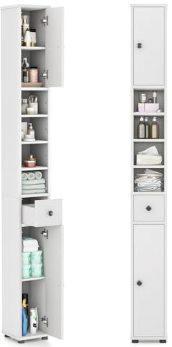 Tangkula Tall Slim Bathroom Storage Cabinet, 71 Freestanding Bathroom Cabinet w/ 2 Doors, 1 Drawer & 5 Adjustable Shelves, Floor Narrow Tower Cabinet for Small Spaces, 8 x 8 x 71 (White)