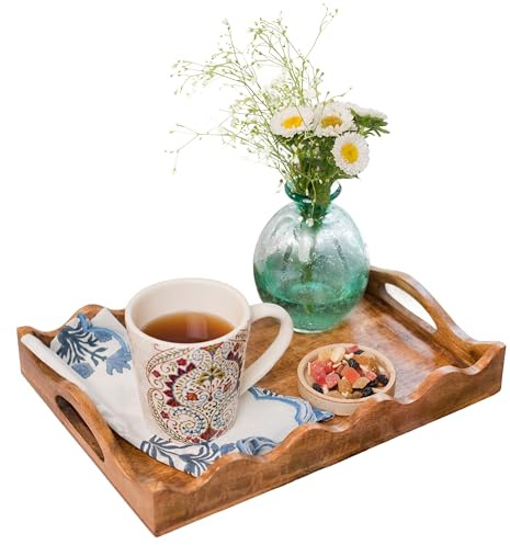 Mela Artisans Plateau de Service Ottoman en Bois | Taille M, festonné Blanc brûlé | Bois de manguier décoratif | pour Servir Le Petit déjeuner, d'autres Aliments, café et thé | Décoration d'intérieur