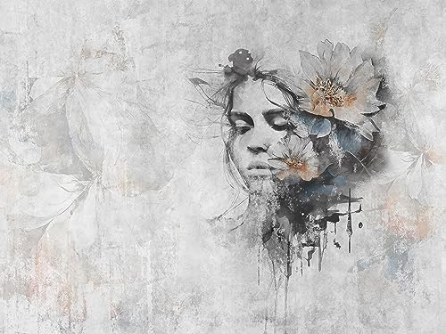 Muralo - 3D Non-Woven Wallpaper - Photo Wallpaper 3D Effect - Wallpaper for Living Room Bedroom Wall Wallpaper - Abstract Photo Wallpaper - Woman with Flowers Concrete Look - Width 416 cm x Height 254