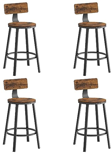 VASAGLE Barhocker, 4er Set, mit Rückenlehne, Sitzhöhe 63 cm | Küchenstuhl, einfache Montage, Modernes Basic-Design, Rustikales Braun und Mattschwarz, BARNET Kollektion LBC276B01