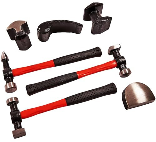 7pc Professional Auto Body Repair Kit Panel Beating RED Fibreglass Hammer Handles with Rubber Grip Shrinking Dollies Automotive Car Dent Remover Dolly Garage Workshop DIY Hand Tools UK Free P&P