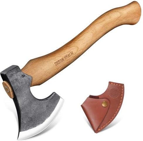 Dream Reach Beil Geschmiedete Kleine Camping Axt - Handbeil für Outdoor Survival, Wikinger-Stil Mit Scheide und Holzgriff - Freizeitbeil für Bushcraft, Wald, Garten - Männer Geschenke