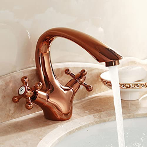 Vintage-Badezimmerarmatur, Messing-Waschtischarmatur Badezimmer, Badarmatur Einloch, Kalt-Warm-Mischer Vintage-Waschtischarmatur, Waschbeckenarmatur 2-Griff-Waschtischarmatur, Gold (Color : Rose Gold