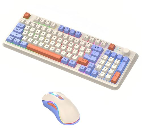 Lancoon 2.4G Combo Teclado y Ratón Inalámbrico con Perilla de Volumen 94 Teclas Dual-Mode Soporte Ajustable Ratones Inalámbricos Recargables dpi Ajustable para Ordenador (Azul)