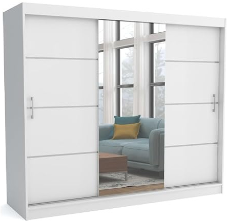 Brent - Kleiderschrank mit Spiegel 240cm Breit Windsor Tomy I Schlafzimmerschrank mit 2 Kleiderstänger und Einlegeböden für Kleidung I Kleiderschrank Weiß