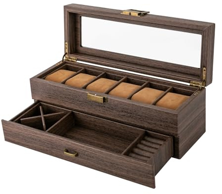 WooDerson Schmuckschatulle Mit Uhrenfach, Holzfarbe Uhren Schmuckbox Mit Schloss, 6 Fächer Uhrenbox Mit Schublade, Für Uhrengeschäften, Wohnungen, Büros Usw