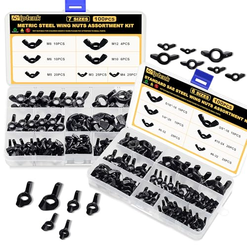 Siptenk 200PCS Black Wing Nuts, Metric & SAE Wingnuts 13 Assorted Sizes Carbon Steel Zinc Plated Butterfly Wing Nut M4-M12#6-32 - 3/8-16 Fasteners Hardware Assortment Kit