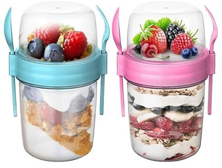 Seveston 2PCs Yogurt Pots 650ml Reusable overnight oats jar with lid On The Go Breakfast Cereal Storage Containers snack pots for Fruit Cereal Porridge Set of 2 (Turquoise, Pink)