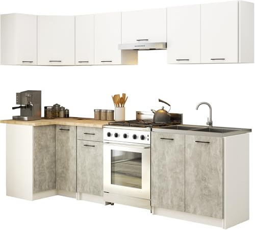 AKORD | KüchenmöbelSet 3m | Küche Komplett | Kitchen Cabinet Set | Küchenschränke | Standschränke | Hängeschränke | Schubladen | Untertischschrank | Weiß & Beton Front