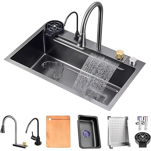 HPTHLY Évier de Cuisine avec Cascade, évier à cuve Unique, avec vidage à Bouton, rinceur de Verre, crépine de vidange et Accessoires, avec Robinet extractible, 68 x 45 x 22 cm