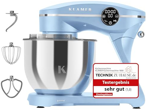 KLAMER Küchenmaschine 1800W, Knetmaschine Brotteig mit Edelstahl-Rührschüssel 6 L, 10 Stufen mit Timer, Planetenrührwerk, Rührbesen, Knethaken, Schneebesen & Sichtdeckel (hellblau)