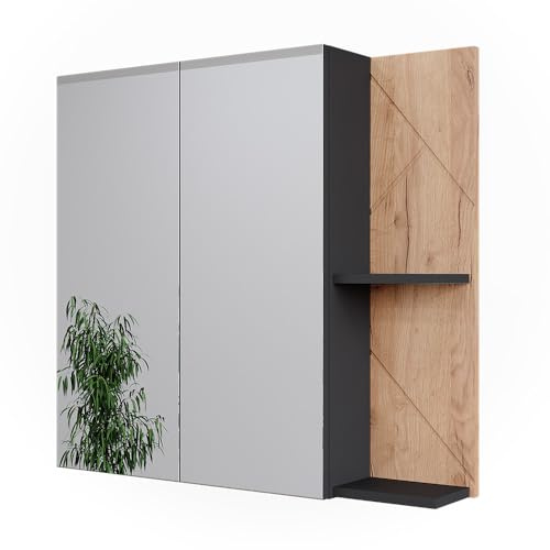 Vicco Badspiegelschrank Irma, Anthrazit/Goldkraft Eiche, 80 x 75 cm | zur Wandmontage mit offenen Ablageflächen und Spiegel