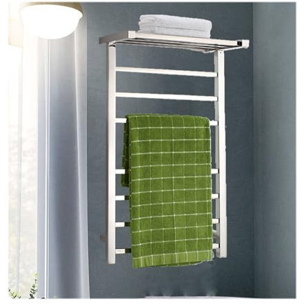 Scaldasalviette per Bagno, mensola elettrica in Acciaio Inox con 7 Barre, scaldasalviette a Parete con ripiano Superiore, Argento, Spina a Sinistra