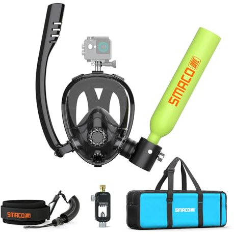 SMACO Mini Tauchflaschen Vollgesichts Schnorchelmaske 0.5L kleine Tauchflasche mit Schnorchelmaske tragbares Tauchsystem zum Schnorcheln für Flachwasser als Notfall-Luftversorgung
