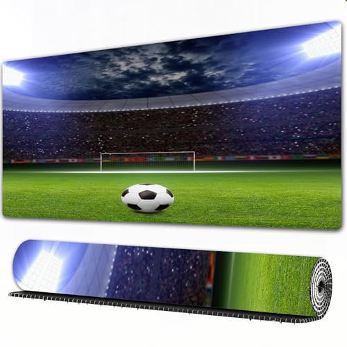 FEHWI 90×40 cm Verlängertes großes Mauspad Schreibtischauflage,Sportdekorationen, Fußball auf der Stadionarena in der beleuchteten Nacht,genähte Kanten Gaming mauspads,rutschfeste Gummibasis