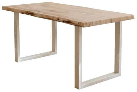 Liadomo Esstisch Akazie 160x85cm Kopenhagen, U-Gestell weiß | Baumkante, Akazie Massivholz Tisch, 50mm Tischplatte lackiert, Robust & Pflegeleicht, Unikat, Metallgestell