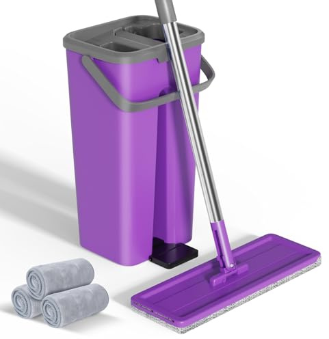 Eukue Serpillère Plate, Balai Serpillière Microfibre avec 3 Serpillères Réutilisables, 2 en 1 Serpillère Seau Essoreur avec Manche INOX, Ensemble Sceau Menage Essoreur Balai Nettoyage Sol(Pourpre)