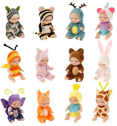 12 Stück Mini Babypuppen,PVC Kunststoff Mini Puppe mit Kleidung für Mädchen und Kleinkinder,Babypuppen Zubehör Set,Realistisch Kleine Puppe,Miniatur Puppenspielzeug für Mädchen Kinder(12PCS)