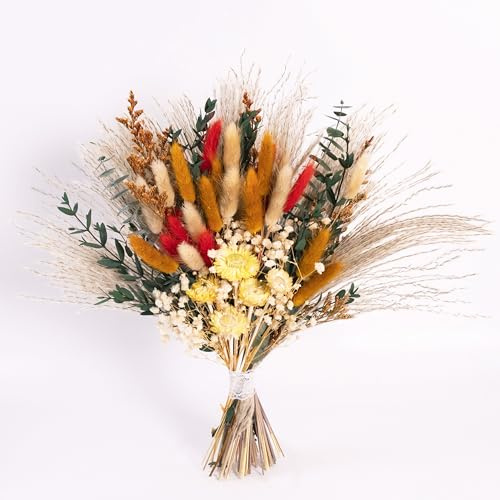 Handmade Bohemian Dried Flower Bouquet – Spring Summer Flowers Arrangement with Strawflower, Pampas Grass, Bunny Tails & Eucalyptus – Rustic Farmhouse, Shelf, Dining Table & Home Decor