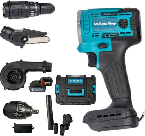 Kit Fai da Te con Trapano, Avvitatore, Motosega, Soffiatore e Aspiratore, 2 Batterie 48V 3Ah con Display con Caricabatterie e Valigetta