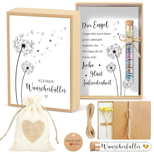 Wunscherfüller Geldgeschenk - Geldgeschenke Geburtstag Jugendweihe Geschenke, Taufgeschenke mit Reagenzglas Wunscherfüller Grußkarte Geschenkbox Jutesäckchen Getrocknete Blume für Geburt Abschluss