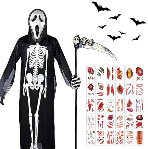 DAJASD Costume di Carnevale per bambini, 5 pezzi, costume di Halloween con falce, maschera scheletrica, guanti fai da te, adesivi da 120 cm, per Halloween, per cosplay, Halloween, feste, costume