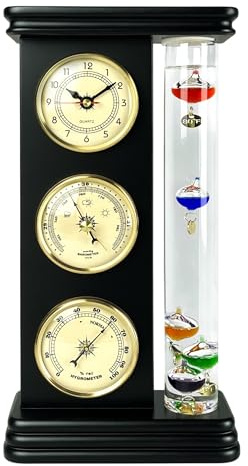 Lily's Home Analog Weather Station, with Galileo Thermometer, a Precision Quartz Clock, and Analog Barometer and Hygrometer, 5 Multi-Colored Spheres (6 L x 2 W x 12 H) - Matt Black