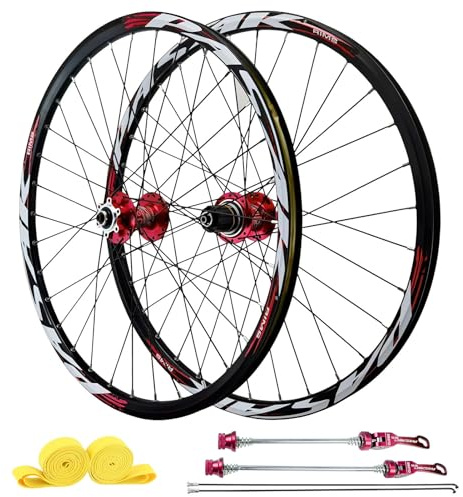AuroraXQ 26/27,5/29 MTB Laufradsatz, Scheibenbremse, 32H-Aluminiumfelgen und HG-Naben, Vorderrad 100x9mm / 135x10mm Hintere Räder Kompatibel Mit 7-12 Geschwindigkeit Und 1,25~2,25 Reifen(Rot,27,5